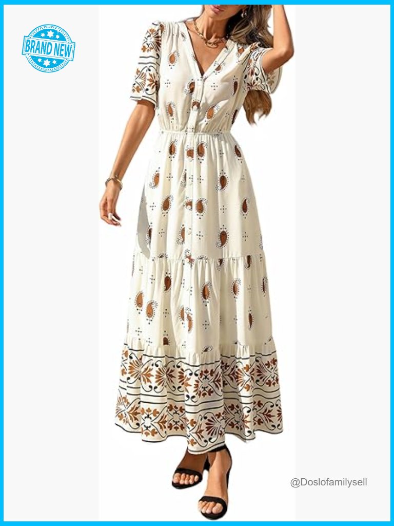 Boho Maxi Dress Flowy Summer V Neck Short Sleeve With Pockets Floral